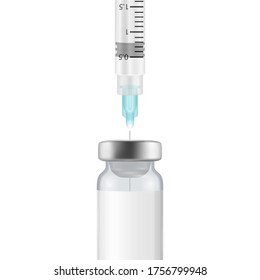 Vector 3d Realistic Bottle and Syringe. Coronavirus Vaccine, Botox, Fillers, Injections, Hyaluronic Acid Closeup Isolated. Drug Ampoule Design Template, Mockup. Vaccination concept. Front View