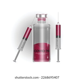 Vektor 3d realistische Flasche und Spritze. Coronavirus-Impfstoff, Botox, Filler, Injektionen, Hyaluronsäure, Nahaufnahme. Drug Ampoule Design Template, Mock up. Impfkonzept.