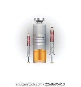 Vektor 3d realistische Flasche und Spritze. Coronavirus-Impfstoff, Botox, Filler, Injektionen, Hyaluronsäure, Nahaufnahme. Drug Ampoule Design Template, Mock up. Impfkonzept.