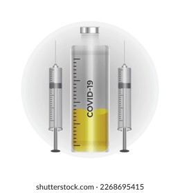 Vektor 3d realistische Flasche und Spritze. Coronavirus-Impfstoff, Botox, Filler, Injektionen, Hyaluronsäure, Nahaufnahme. Drug Ampoule Design Template, Mock up. Impfkonzept.