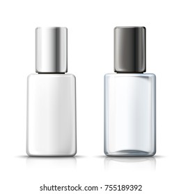 Vector 3d realistic bottles with silver and black caps, plastic and glass. Mock-up for product package branding.