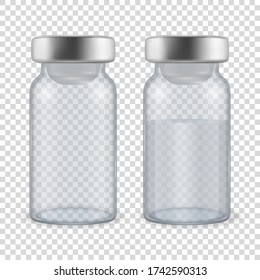 Vector 3d Realistic Bottles of Vaccine Icon Set Closeup Isolated on Transparent Background. Drug Ampoule Design Template, Clipart, Mockup. Vaccination concept. Front View