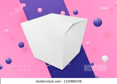 Vector 3d realistic boxe abstract scene with text, violet, pink and white balls and objects.