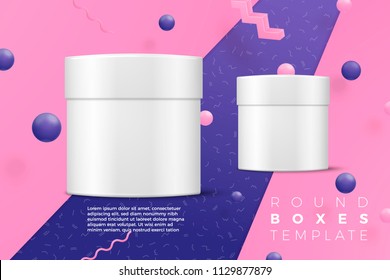 Vector 3d realistic boxes abstract scene with text, violet, pink and white balls and objects.