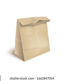 Vector 3D realistic brawn paper bag for food, snack or shopping. Empty template mockup advertising design element for conscious consumption, processing technology, concern for the environment 