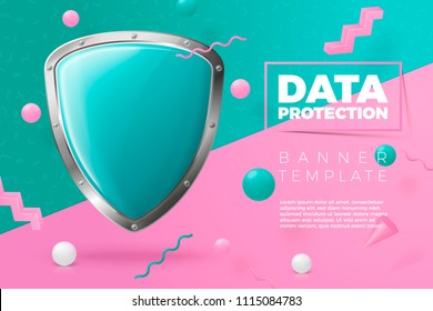 Vector 3d realistic bright shield, protection concept banner on abstract scene with place for text. Violet, pink and white balls and objects.