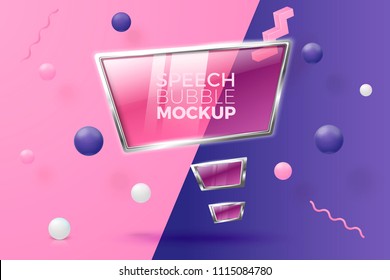 Vector 3d realistic bright speech bubble banner on abstract scene with place for text. Violet, pink and white balls and objects.