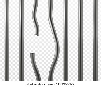 Vector 3d Realistic Broken Prison Bars Isolated On Transparent Background. Jail Break Concept. Metallic, Stainless Steel Cage. Closed Grille Of Cell