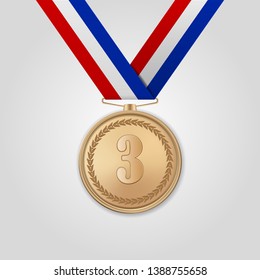 Vector 3d Realistic Bronze Award Medal with Color Ribbon Closeup Isolated on White Background. The Third Place, Prize. Sport Tournament, Victory Concept