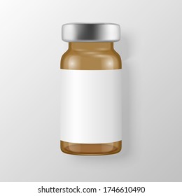 Vector 3d Realistic Brown Bottle of Vaccine Icon Closeup Isolated on White Background. Drug Ampoule Design Template, Clipart, Mockup. Vaccination concept. Top View