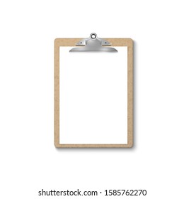 Vector 3d Realistic Brown Craft Clipboard with Blank Paper, Metal Clip Icon Closeup Isolated on White Background. Design Template for Notes, Mockup, Checklist, Questionnaire, Reminders