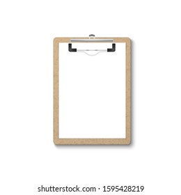 Vector 3d Realistic Brown Craft Clipboard with Blank Paper, Metal Clip Icon Closeup Isolated on White Background. Design Template for Notes, Mockup, Checklist, Questionnaire, Reminders