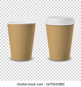 Vector 3d Realistic Brown Disposable Opened and Closed with White Lid Paper, Plastic Coffee Cup for Drinks Icon Set Closeup Isolated on Transparent Background. Design Template, Mockup. Front View