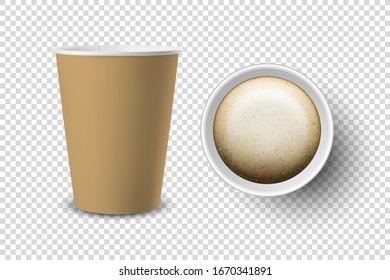 Vector 3d Realistic Brown Disposable Opened Paper, Plastic Coffee Cup for Drinks Icon Set Closeup Isolated on Transparent Background. Design Template, Mockup. Top and Front View