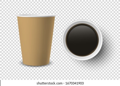 Vector 3d Realistic Brown Disposable Opened Paper, Plastic Coffee Cup for Drinks Icon Set Closeup Isolated on Transparent Background. Design Template, Mockup. Top and Front View
