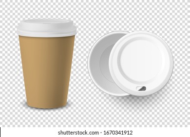 Vector 3d Papel marrón realista desechable cerrado y abierto, Café de plástico para bebidas con tapa blanca Colocación Aislada sobre fondo transparente. Plantilla de diseño, Trampa. Vista superior y frontal