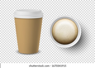 Vector 3d Realistic Brown Disposable Closed and Opened Paper, Plastic Coffee Cup for Drinks with White Lid Set Closeup Isolated on Transparent Background. Design Template, Mockup. Top and Front View