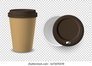 Vector 3d Realistic Brown Disposable Closed and Opened Paper, Plastic Coffee Cup for Drinks with Brown Lid Set Closeup Isolated on Transparent Background. Design Template, Mockup. Top and Front View