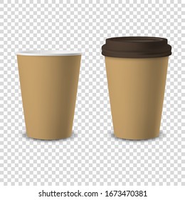 Vector 3d Marrón Realista Desechable Abierto y Cerrado con Papel Tapa Marrón, Café Plástico para Bebidas Icono Conjunto Cerrado Aislado en Fondo Transparente. Plantilla de diseño, Trampa. Vista frontal