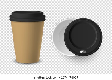 Vector 3d Realistic Brown Disposable Closed and Opened Paper, Plastic Coffee Cup for Drinks with Black Lid Set Closeup Isolated on Transparent Background. Design Template, Mockup. Top and Front View