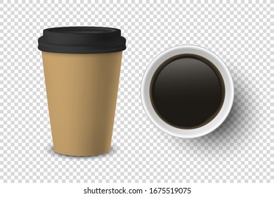 Vector 3d Realistic Brown Disposable Closed and Opened Paper, Plastic Coffee Cup for Drinks with Black Lid Set Closeup Isolated on Transparent Background. Design Template, Mockup. Top and Front View
