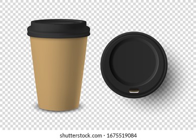Vector 3d Realistic Brown Disposable Closed and Opened Paper, Plastic Coffee Cup for Drinks with Black Lid Set Closeup Isolated on Transparent Background. Design Template, Mockup. Top and Front View