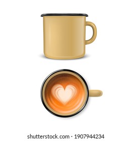 Vector 3d Realistic Brown Enamel Metal Blank Mug with Foam Coffee Inside Isolated on White Background. Heart Pattern. Front and Top View. Design Template for Mock up