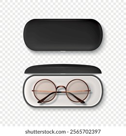 Vector 3D Realistic Brown Frame Glasses and Black Case Set. Round Sunglasses and Case. Vintage Eyeglasses, Case, Top View. Design Template for Optics and Eyewear Branding