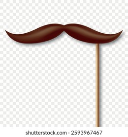 Vector 3d Realistic Brown Mustache Prop on Stick. Simple Mustache for Party, Photo Booth, Masquerade, Costume, Funny Carnival, Cosplay, Hipster Style. Retro Gentlemen Look, Celebration and Fun