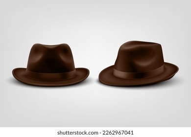 Vector 3d Realistic Brown Vintage Classic Gentleman Black Hat, Cap Icon Set Closeup Isolated on White Background. Front and side, Half Turn View. Men s Unisex Hat Design Template. Vector Illustration