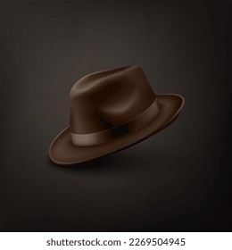 Vector 3d Realistic Brown Vintage Classic Gentleman Hat, Cap Icon Closeup Isolated on Black Background. Front, Half Turn View. Mens Unisex Hat Design Template. Vector Illustration