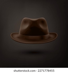 Vector 3d Realistic Brown Vintage Classic Gentleman Black Hat, Cap Icon Closeup Isolated on Black Background. Front View. Mens Unisex Hat Design Template. Vector Illustration