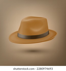 Vector 3d Realistic Brown Vintage Classic Gentleman Hat, Cap Icon Closeup. Front, Half Turn View. Mens Unisex Hat Design Template. Vector Illustration