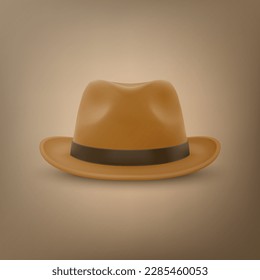 Vector 3d Realistic Brown Vintage Classic Gentleman Hat, Cap Icon Closeup. Front View. Mens Unisex Hat Design Template. Vector Illustration