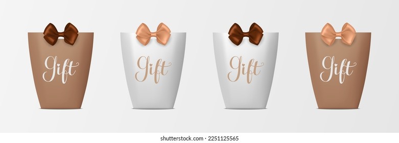 Vector 3d Realistic Brown and White Paper Gift Bag, Box for Birthday or Party with Brown and Beige Silk Bow, Ribbon. Carry Bag for Present Icon Set Isolated on White Background