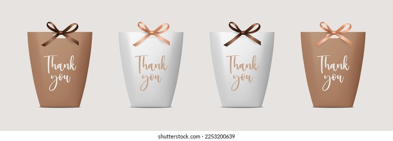 Bolsa de regalo de papel blanco y marrón realista 3d vectorial, caja para cumpleaños o fiesta con arcos de seda marrón y beige, cinta de opciones. Cargar bolsa para el conjunto de iconos actuales aislado en fondo blanco