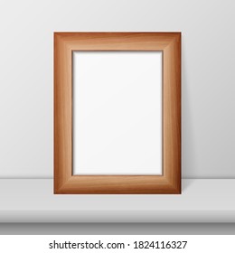 Vector 3d Realistic Brown Wooden Simple Modern Frame on a White Shelf or Table and White Wall Background. It can be used for presentations. Design Template for Mockup, Front View