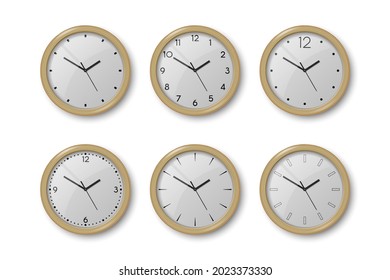Vector 3d Realistic Brown Wooden Wall Office Clock Icon Set Isolated on White. White Dial. Design Template of Wall Clock Closeup. Mock-up for Branding and Advertise. Top, Front View