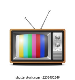 Vector 3d Realistic Brown Wooden Retro Striped Screen TV Receiver Isolated on White Background. Home Interior Design Concept. Vintage TV Set, Television, Front View