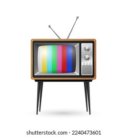 Vector 3d Realistic Brown Wooden Retro Striped Screen TV Receiver Isolated on White Background. Home Interior Design Concept. Vintage TV Set, Television, Front View