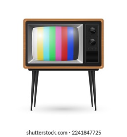 Vector 3d Realistic Brown Wooden Retro Striped Screen TV Receiver Isolated on White Background. Home Interior Design Concept. Vintage TV Set, Television, Front View