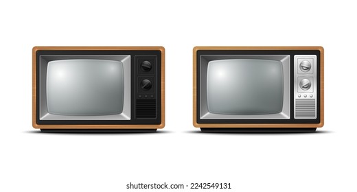 Vector 3d Realistic Brown Wooden Retro TV Receiver Isolated Icon Set Closeup Isolated on White Background. Home Interior Design Concept. Vintage TV Set, Television, Front View