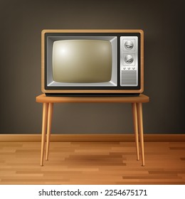 Vector 3d Realistic Brown Wooden Retro TV Receiver on Wooden Table. Home Interior Design Concept. Vintage TV Set, Television, Front View