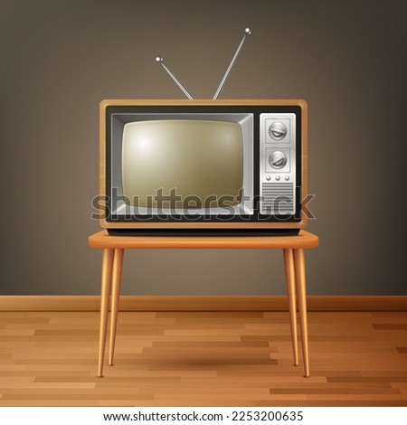 Vector 3d Realistic Brown Wooden Retro TV Receiver on Wooden Table. Home Interior Design Concept. Vintage TV Set, Television, Front View
