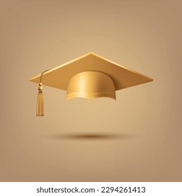 Vector 3d Realistic Brown, Yellow, Golden Graduate College, High School, University Black Cap Icon Closeup Isolated. Vector Degree Ceremony Hat. Educational Student Symbol, Hat. Front View