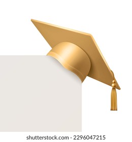 Vector 3d Realistic Brown, Yellow, Golden Graduate College, High School, University Cap Closeup with Blank White Card Isolated. Vector Degree Ceremony Hat. Educational Student Symbol, Hat. Front View