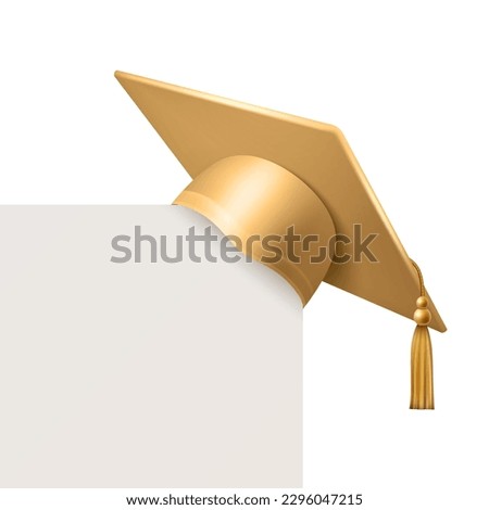 Vector 3d Realistic Brown, Yellow, Golden Graduate College, High School, University Cap Closeup with Blank White Card Isolated. Vector Degree Ceremony Hat. Educational Student Symbol, Hat. Front View