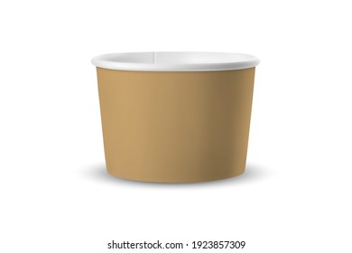 Vector 3d Realistic BrownTub Food Paper Plastic Container, Cup Isolated on White Background. Dessert, Yogurt, Ice Cream, Sour Cream, Snack. Design Template of Product Packing, Mockup. Front View