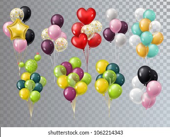 Vector 3D realistic bunch helium balloons isolated.