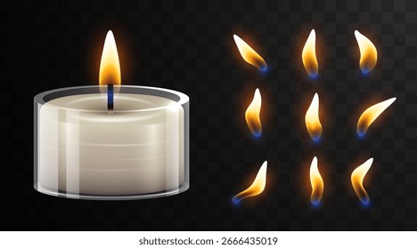 Vetor 3d realista queimando vela jar e conjunto de chama diferente closeup isolado no fundo da grade de transparência. Criar modelo. Ilustração vetorial